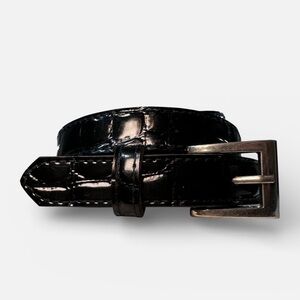 Black Faux Patent Leather Alligator Print Belt with Silver Buckle 36.5 in